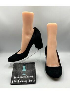 Hobbos London Womens Black Suede Classic Round Toe Block Heel Pumps Sz 10.5 3399